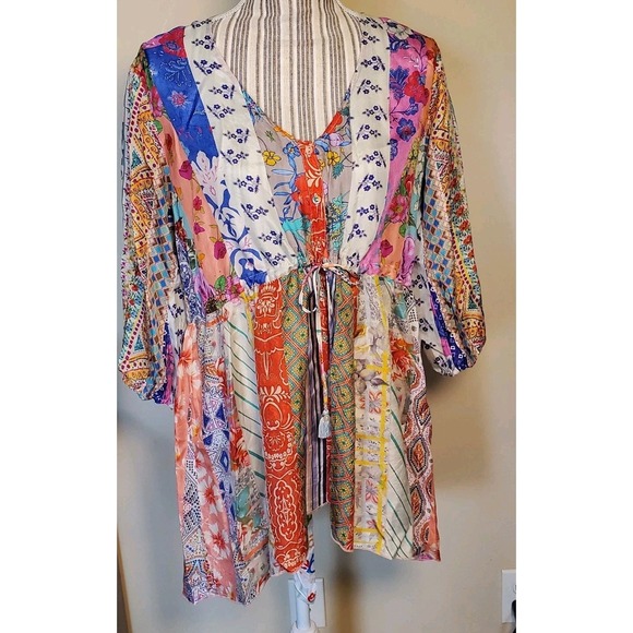 Johnny Was Anora Silk tunic top Colorful Drawstring Adjustable Oversize Summer - Picture 2 of 13